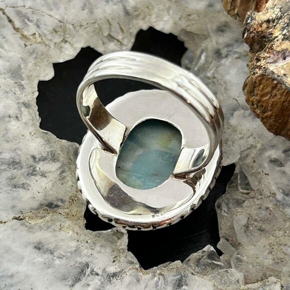 Sterling Silver Southwestern Style Oval Larimar Decorated Bar Ring S 7 For Women - Picture 7 of 10